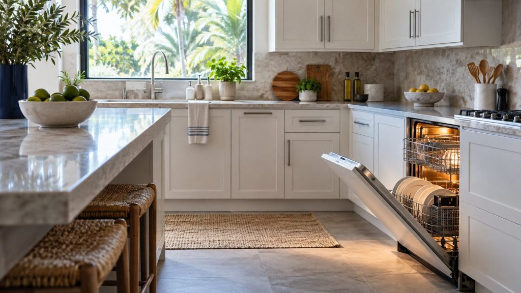A kitchen at the end of the day with one appliance door standing open and its interior light on, the rest of the room in soft daylight.