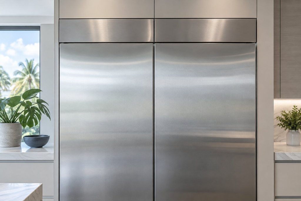 The vertical join between two tall stainless appliance columns with a trim panel across their tops, close and square on.