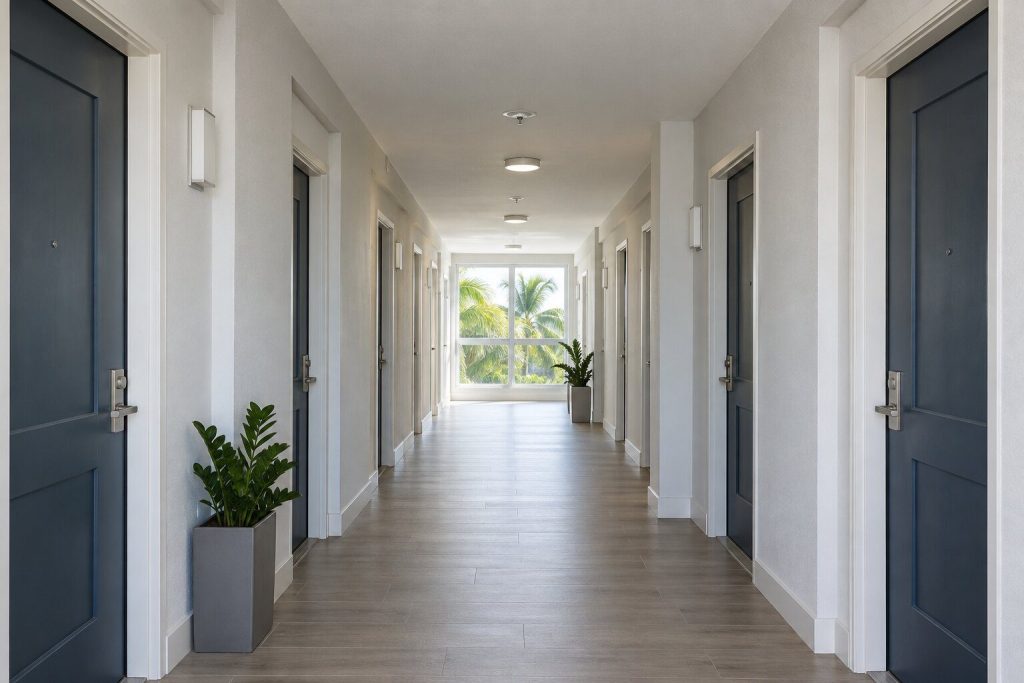 A residential building corridor with numbered doors receding, daylight from a window at the far end.