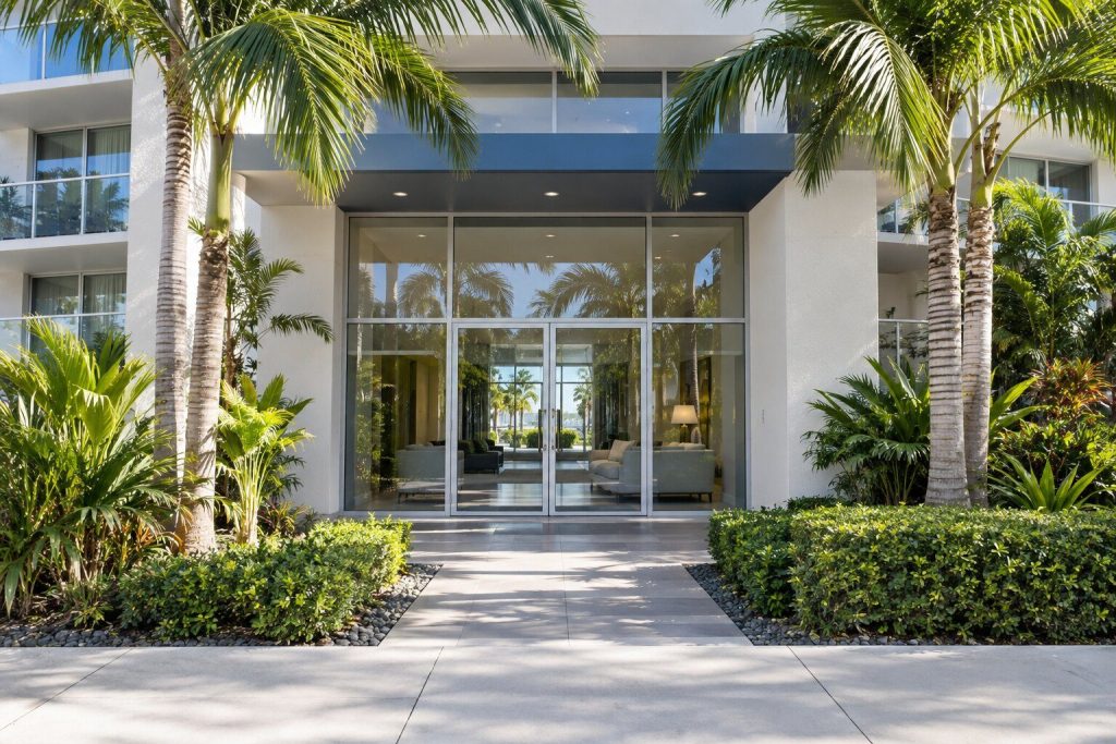 The glazed entrance of a low-rise South Florida condominium building seen from the sidewalk, palms either side.