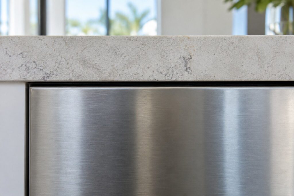 A pale stone counter edge meeting a stainless appliance front, close and square on, a soft daylight reflection along the steel.
