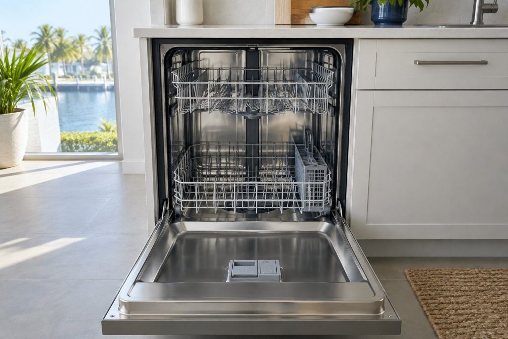 The open door of a built-in dishwasher with its stainless tub and empty racks, seen from a standing height.
