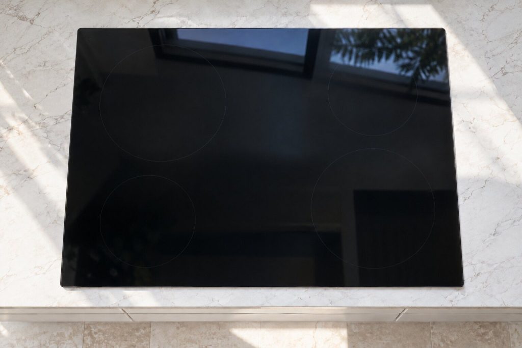 A black glass induction cooking surface seen from directly above, clean and empty, the zone rings faintly visible.