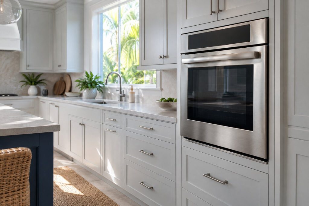 A run of pale fitted kitchen cabinets with a stainless wall oven built in at chest height, seen along the line of the counter.