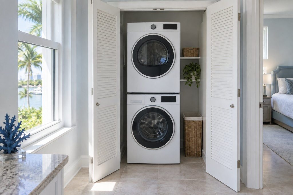 A laundry closet with louvered doors standing open, a front-load washer and dryer stacked inside, tiled floor.
