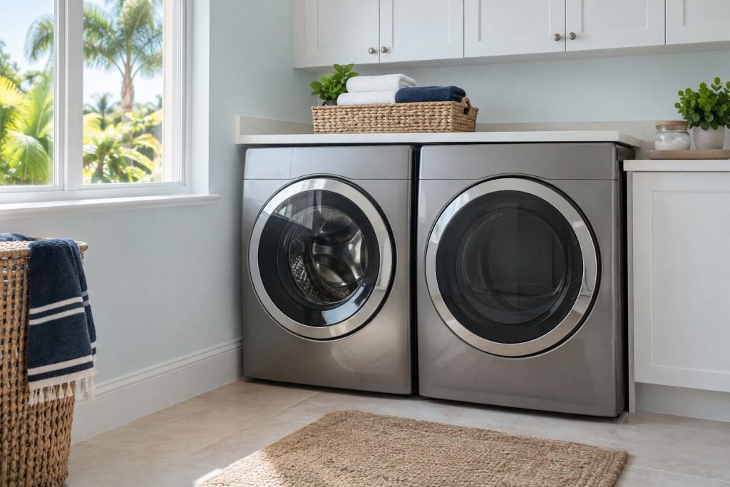 A front-load washer and dryer side by side in a bright laundry room, both doors closed, a basket of folded towels on top.