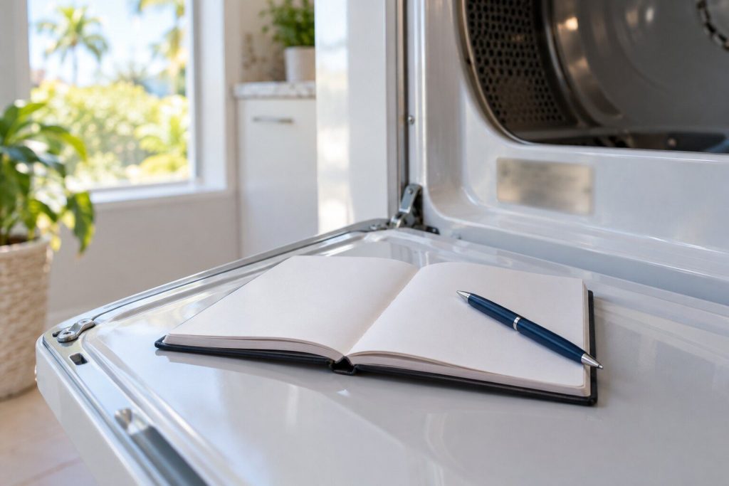 An open notebook and a pen resting on an appliance door beside a rating plate, the plate deliberately out of focus.