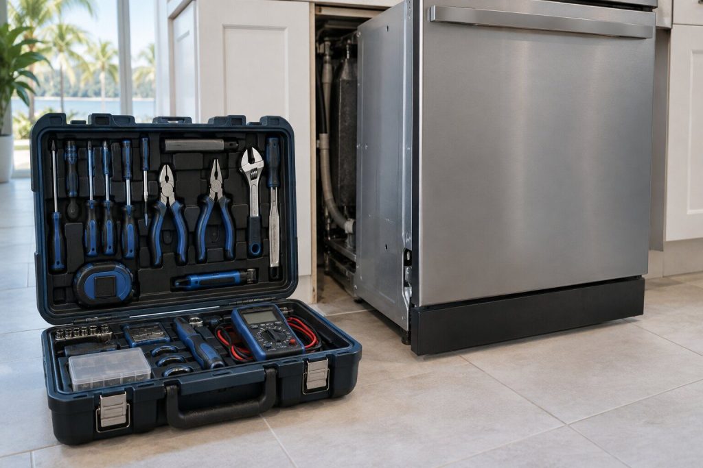 An open tool case standing on a pale tiled floor beside an appliance that has been eased forward from its opening.