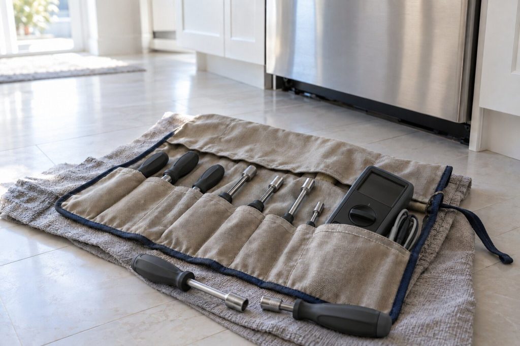 A canvas tool roll opened out on a folded cloth on a kitchen floor, nut drivers and a meter visible.