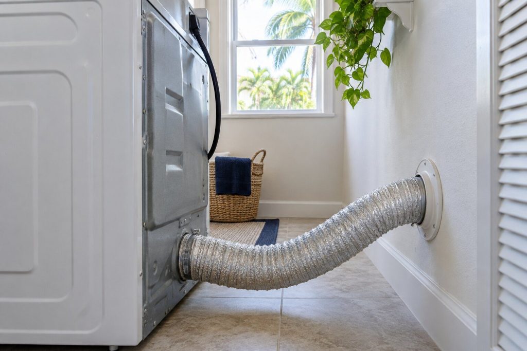 A flexible dryer duct running from the back of a machine to a wall outlet in a laundry closet, the machine pulled forward.