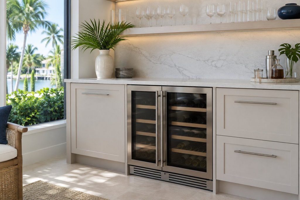 A bar run with a glass-fronted under-counter wine cabinet built in below a pale stone counter, glasses on a shelf above.