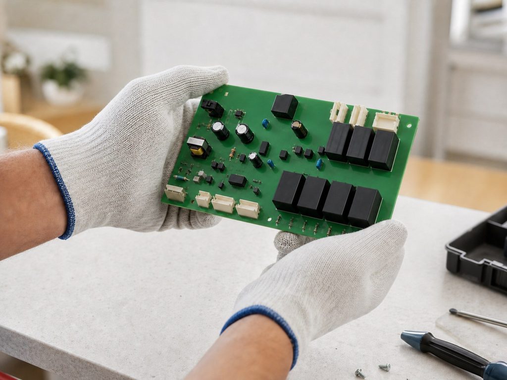 An appliance control board held in two gloved hands over a workbench, its relays and capacitor visible