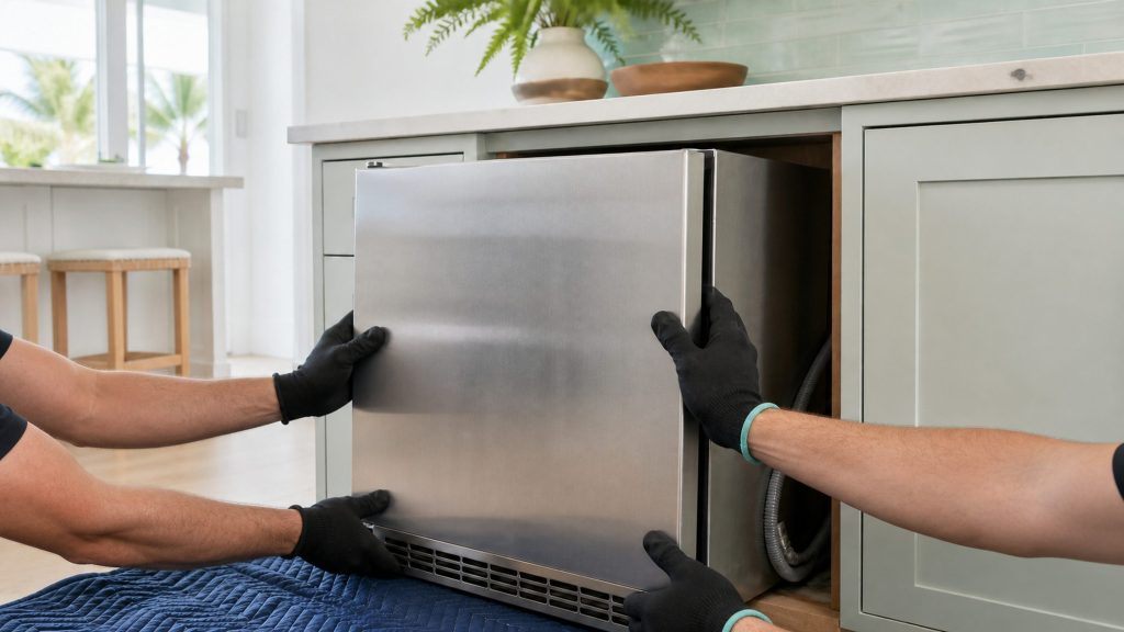 Two pairs of gloved hands easing a built-under cabinet forward out of its opening under a stone counter