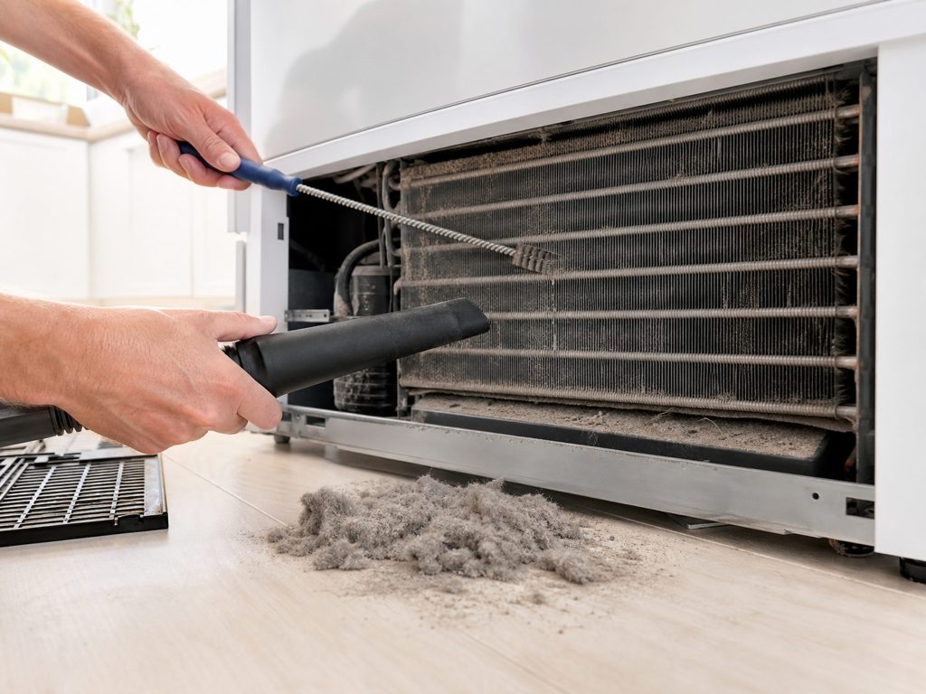 A vacuum nozzle and a coil brush at a dusty condenser coil behind a removed refrigerator base grille