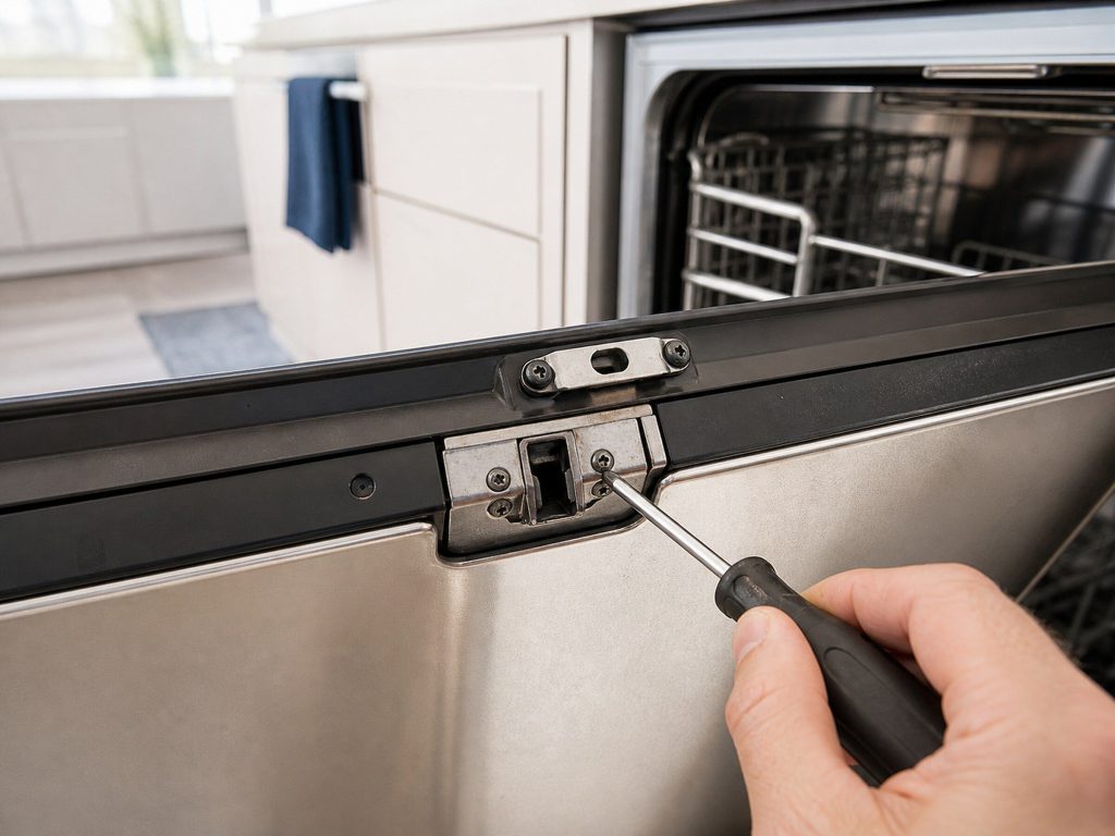 The latch and strike at the top of an open dishwasher door with a screwdriver resting against it