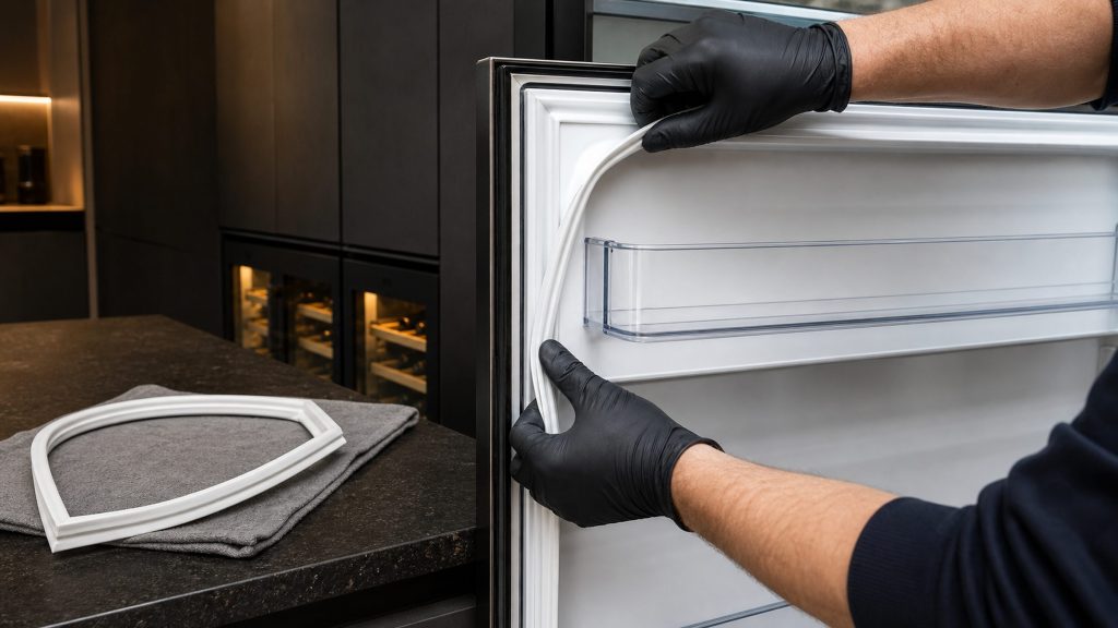 Hands in nitrile gloves fitting a new magnetic door gasket into the channel around a refrigerator door