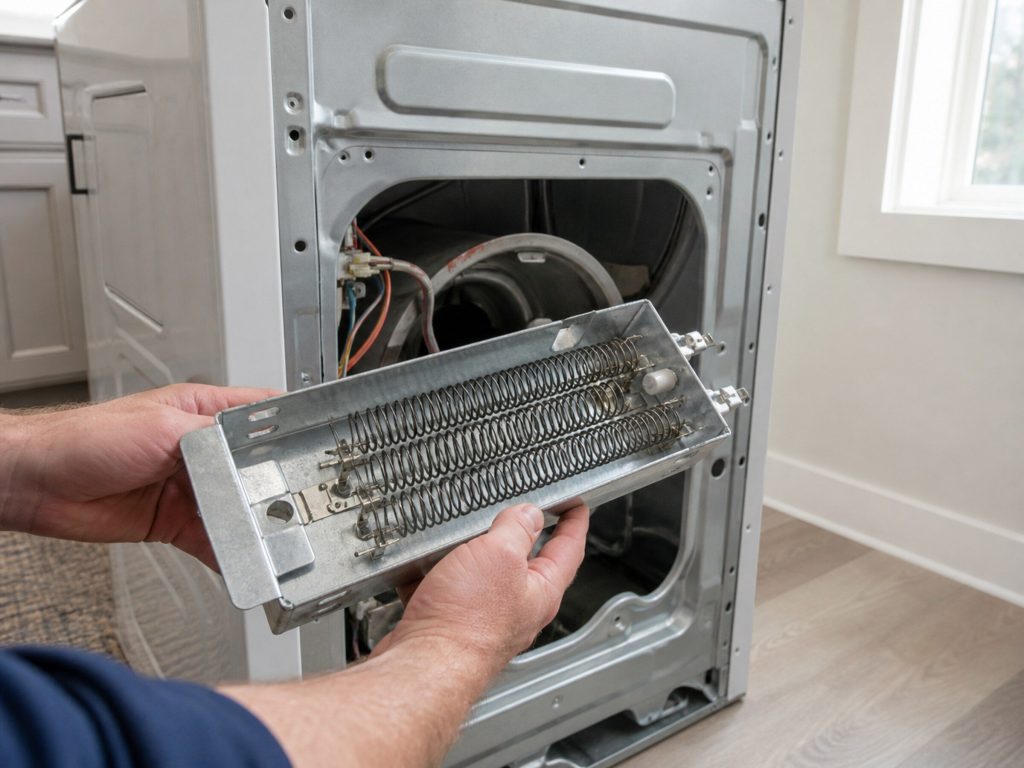 A dryer heating element coil in its metal housing held in two hands over an open dryer back panel