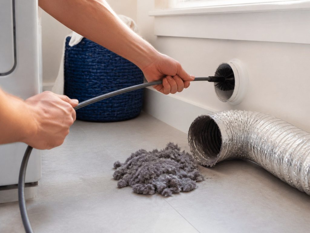 A long flexible brush fed into a disconnected dryer duct at a wall outlet, grey lint heaped on the floor