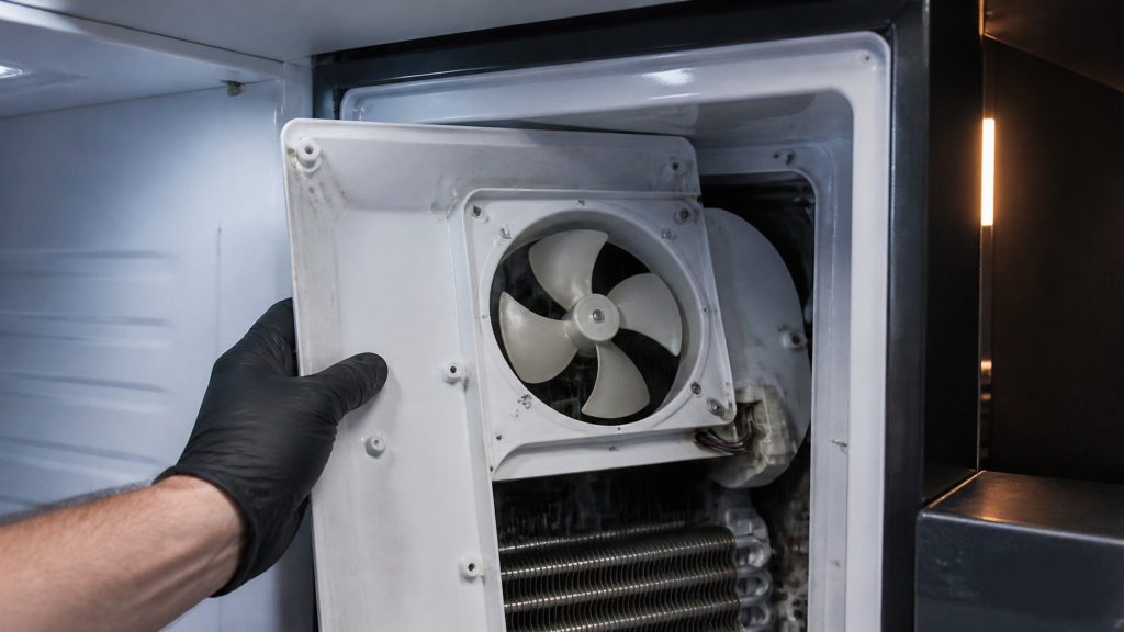 The rear interior panel of a freezer compartment removed to expose the evaporator fan and its housing