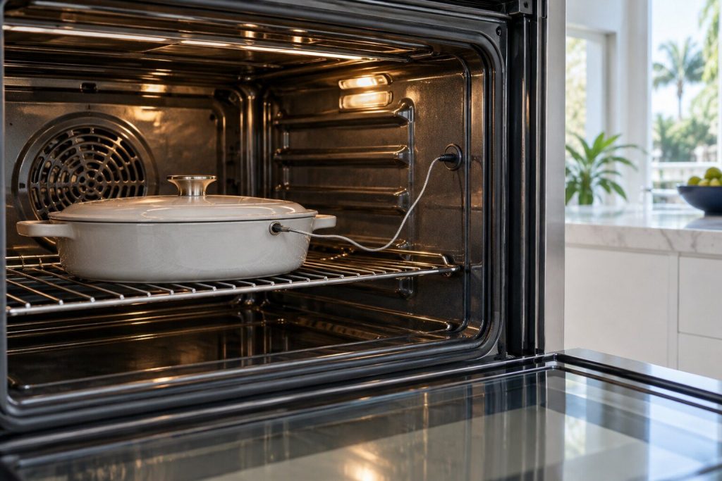 A shallow covered dish on a wire rack in a wall-oven cavity with a slim probe lead running from it to a socket in the cavity wall.