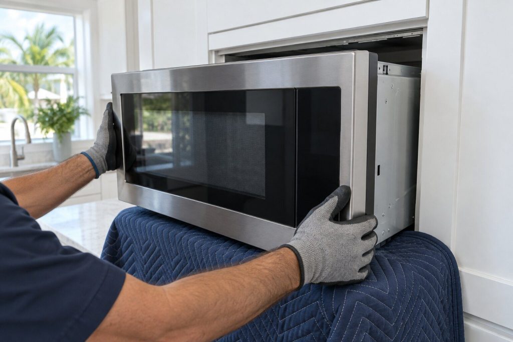 A built-in microwave eased partly forward out of its cabinet opening on a padded blanket, its outer case still on, gloved hands steadying it.
