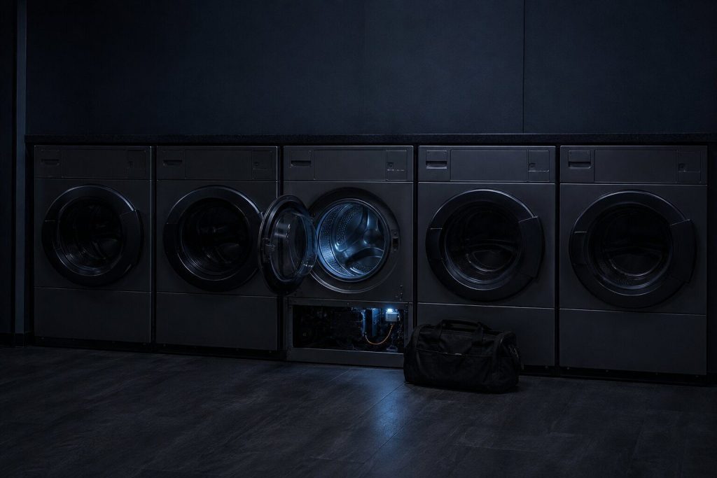 A row of identical front-load machines along the wall of a shared laundry room, one standing open
