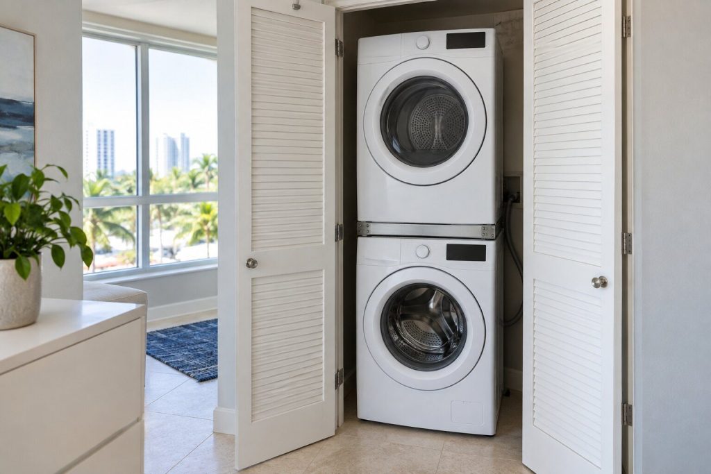 A narrow 24-inch washer and dryer stacked in a condominium closet with the louvered doors open, a stacking kit bracket visible between them.