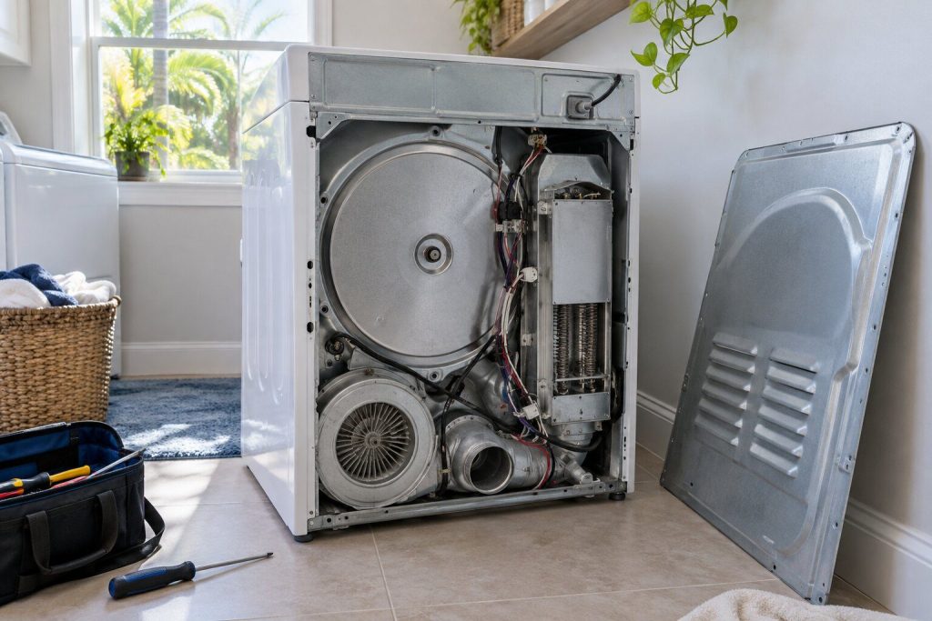 The rear panel of a dryer removed and leaning against a wall, the heater housing and its wiring visible inside, the machine pulled forward.