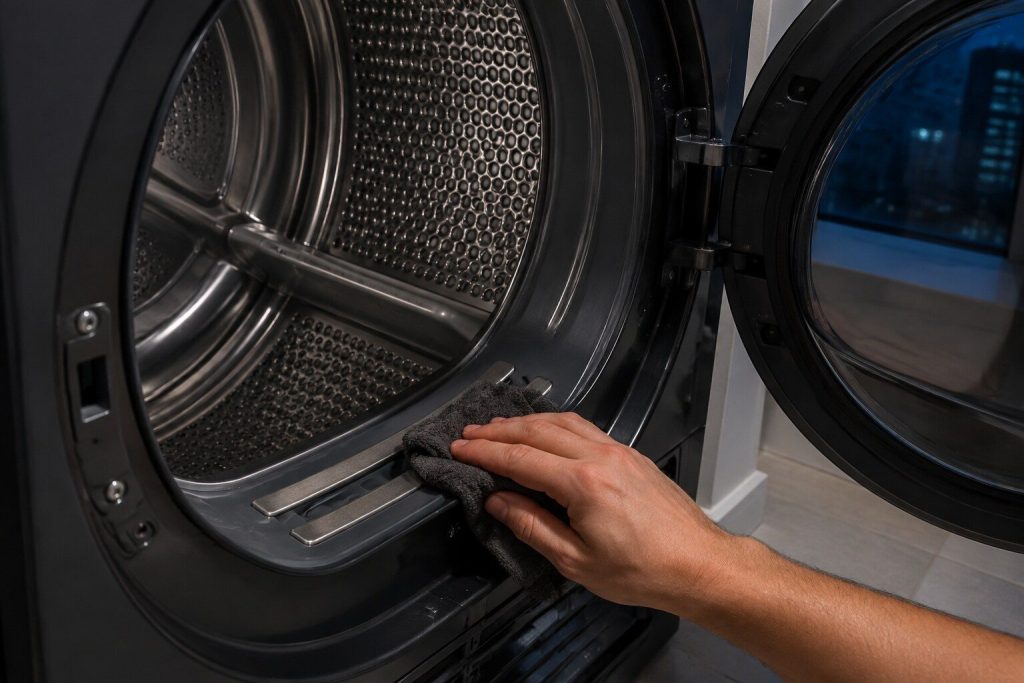 A cloth wiping along two metal sensor strips set into the inside of a dryer drum near the lint opening