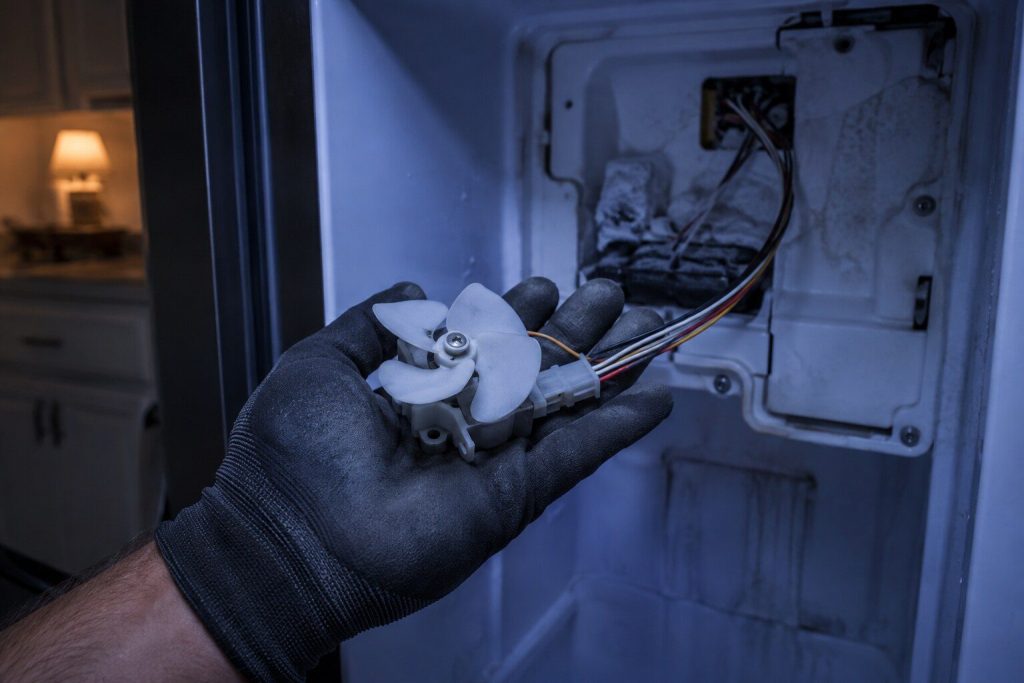 A small evaporator fan motor with its blade still fitted lifted out on a gloved palm