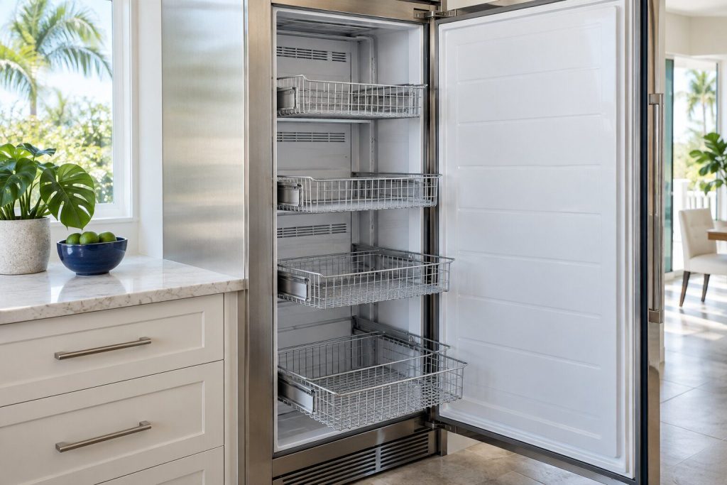 The inside of a tall all-freezer column with its door open and its wire baskets drawn out, the rear panel visible behind them, no frost.