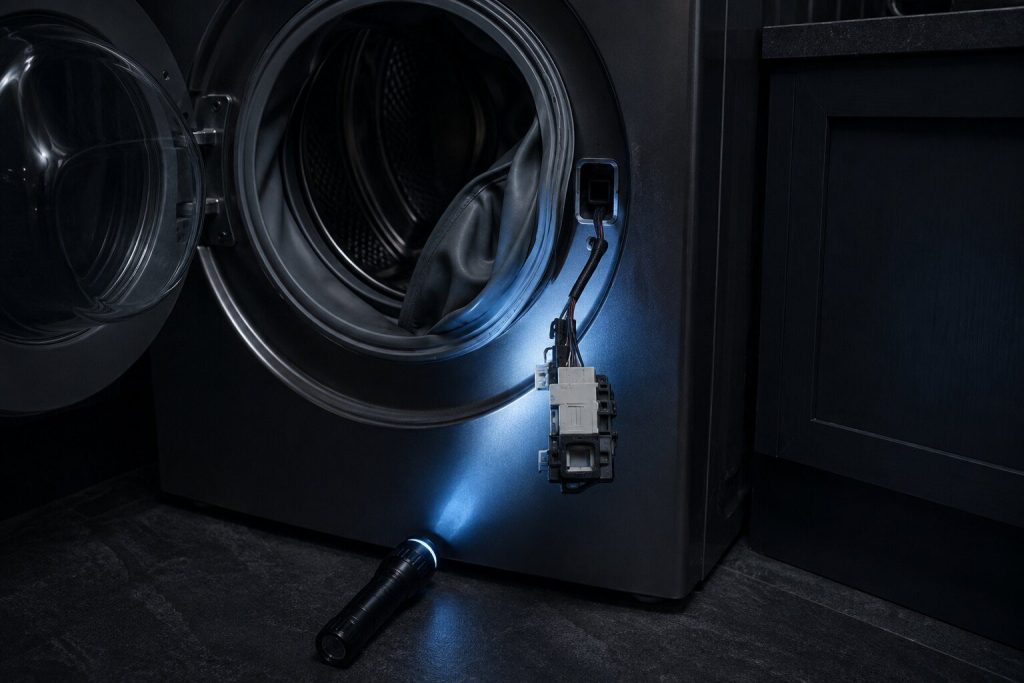 The door lock unit of a front-load washer drawn out of its cutout and hanging on its wiring loom