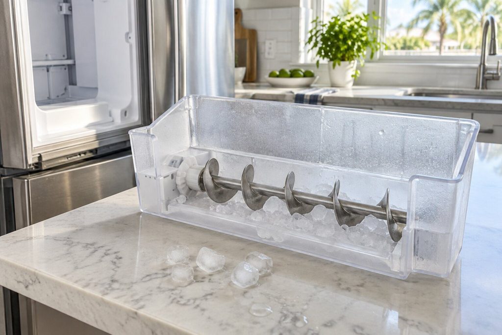 An ice bin lifted out of a freezer door and set on a counter, the spiral auger visible along its floor and a few loose cubes beside it.