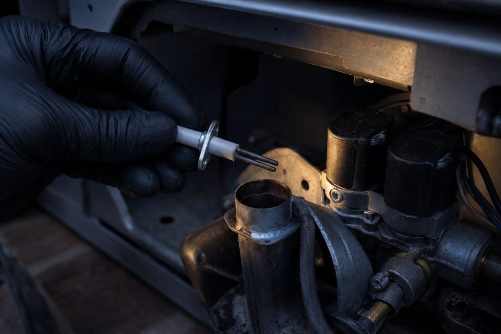 A small forked ceramic igniter held in gloved fingers above the open burner tube of a gas dryer