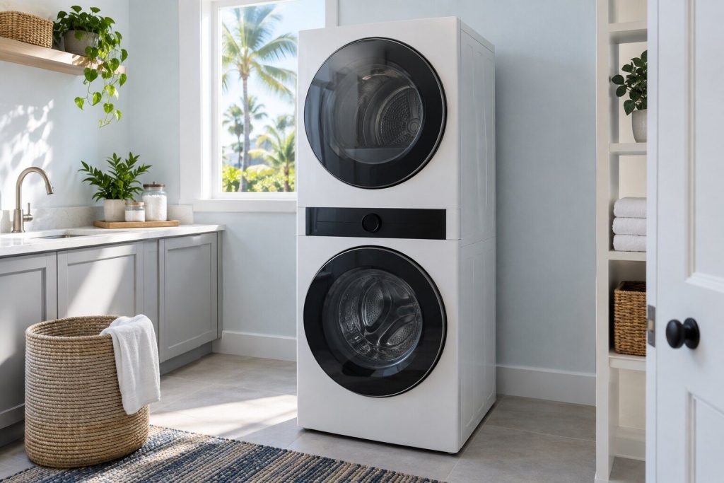 A single tall laundry unit with a washer drum below and a dryer drum above behind one continuous front and one control panel between them, standing in a bright laundry room.