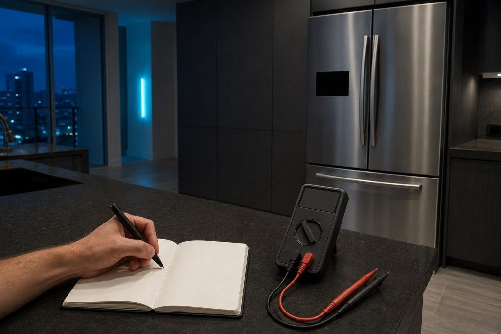 A multimeter and an open notebook with a pen on a counter beside an appliance whose panel is dark