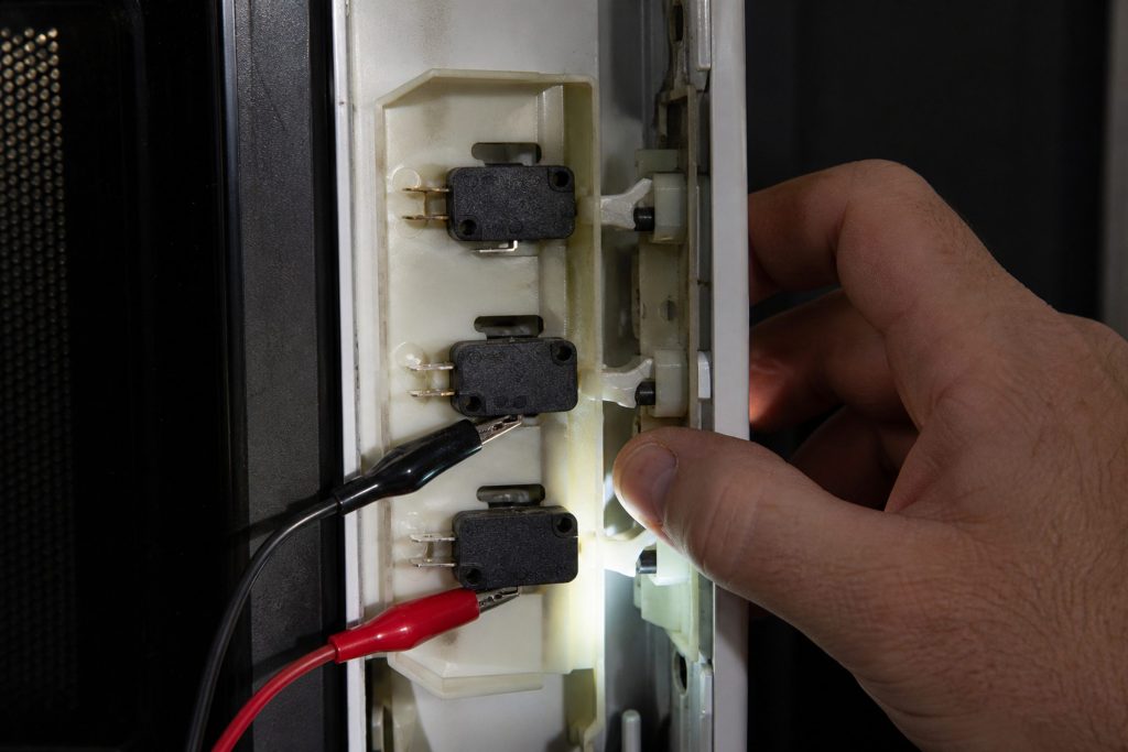 The latch board of an opened microwave door frame with its three interlock switches in a row