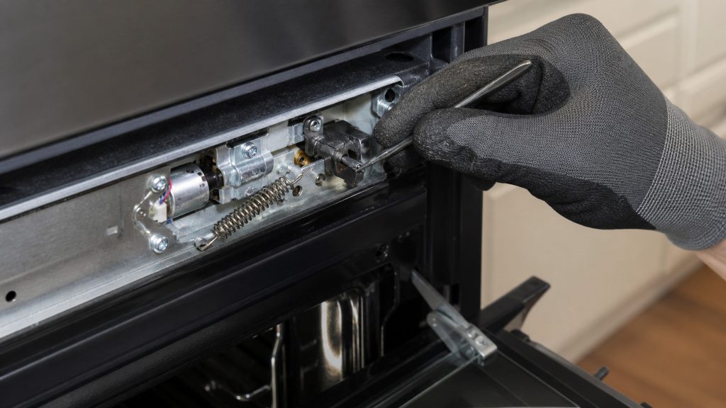 The latch assembly along the top of an oven frame with the trim off — motor, spring and catch