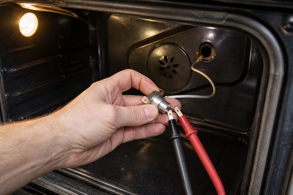 The oven temperature sensor unscrewed from the rear wall of an empty cavity and drawn forward