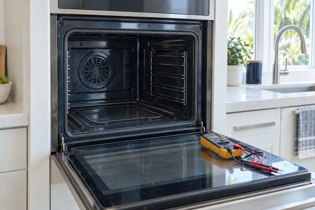 An empty wall-oven cavity with the door open and the bake element along the floor of it dark, a meter lying on the open door.