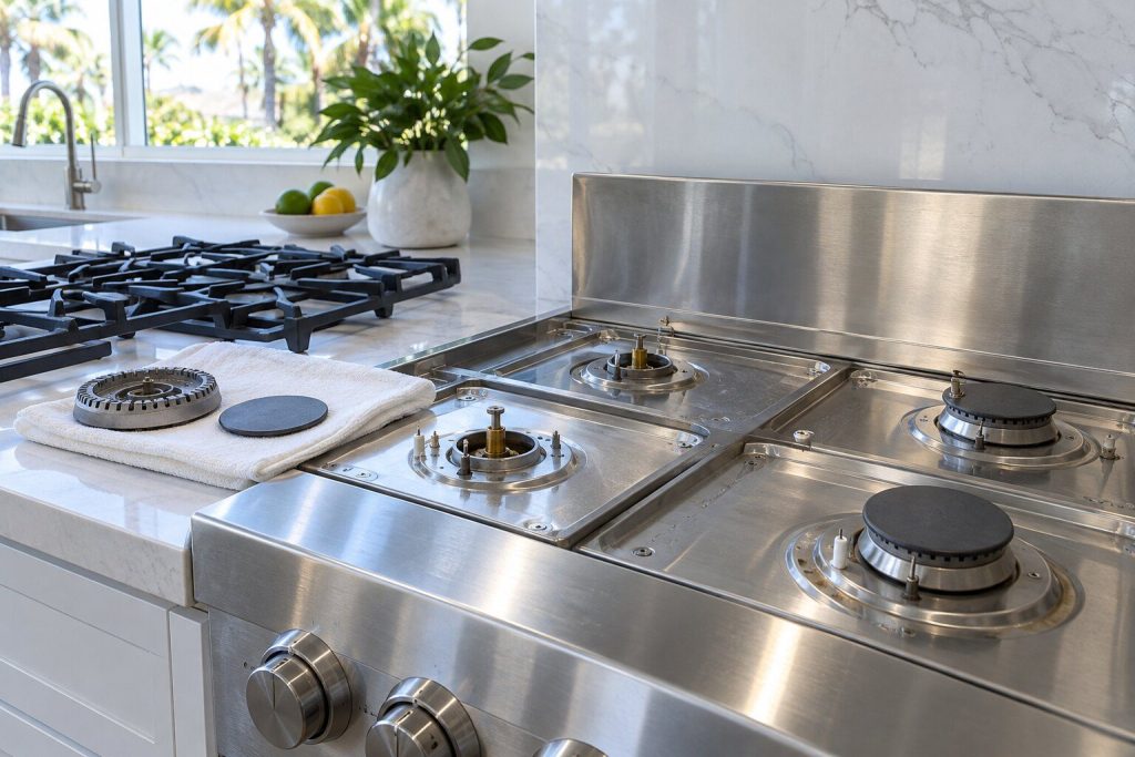 A stainless gas rangetop with a raised back panel, its cast grates lifted off and set aside, one burner head and cap apart on a folded cloth.