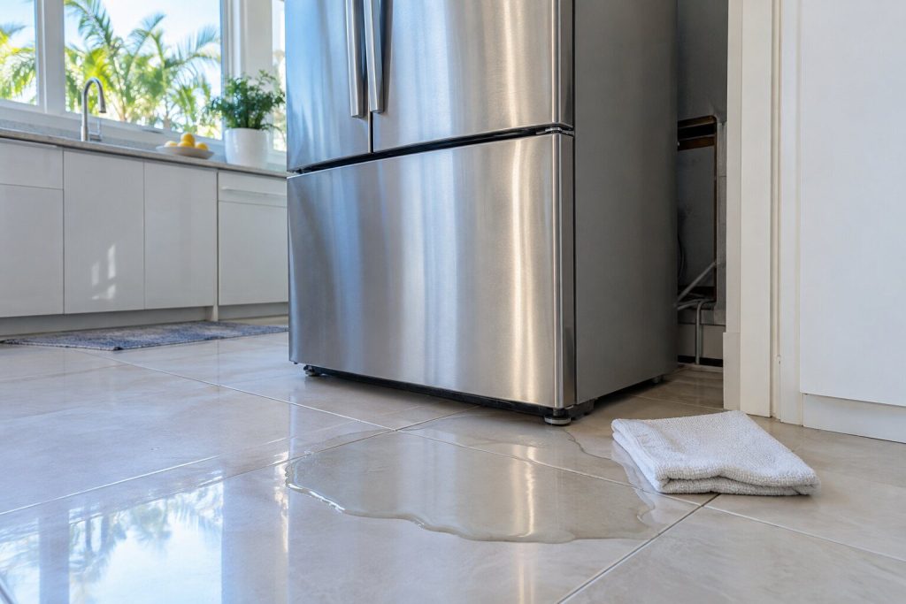 A shallow pool of water on a tiled floor at the foot of a stainless refrigerator that has been eased forward from its opening, a folded cloth laid beside it.