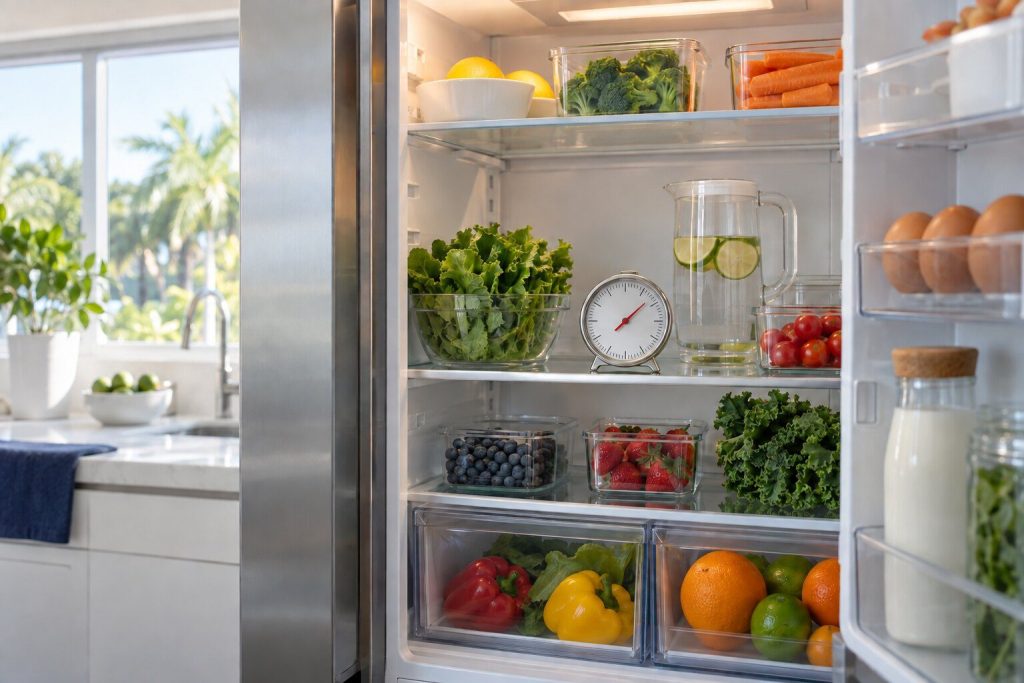 A dial thermometer standing on a shelf inside the open fresh-food compartment of a stainless counter-depth refrigerator, ordinary food around it, the interior light on.