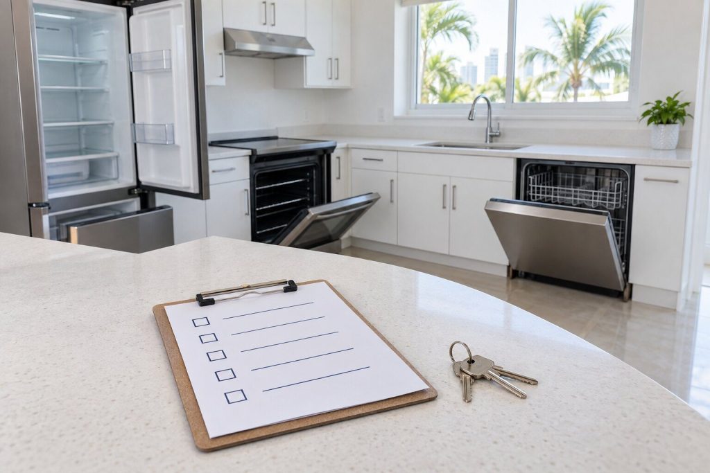 A clipboard with a plain checklist and a set of keys on a pale counter in an empty apartment kitchen, appliance doors standing open behind.