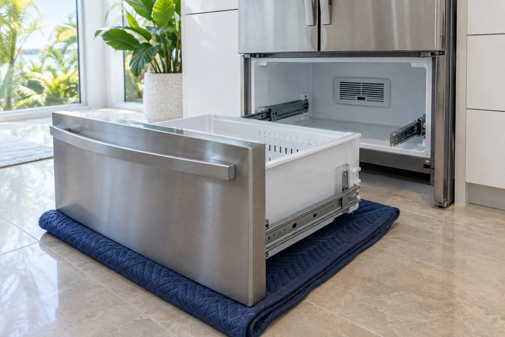 A convertible refrigerator drawer drawn fully out on its runners and resting on a folded blanket on the floor, the empty bay above it showing the damper vent at the back.