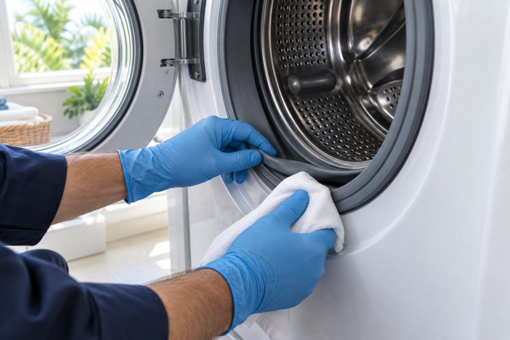 Gloved fingers pulling open the fold at the bottom of a front-load washer door gasket, a cloth in the other hand.