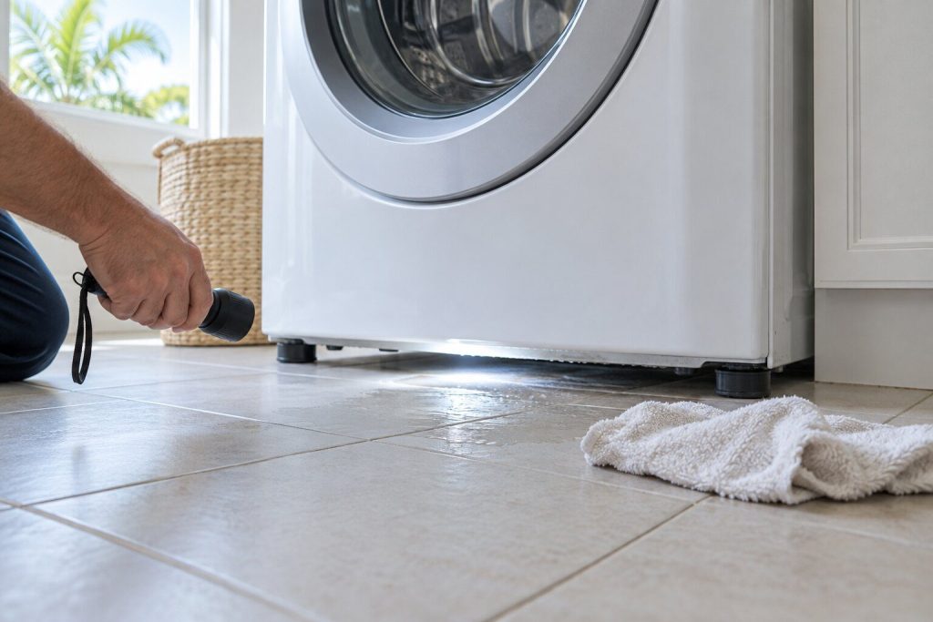 A torch beam on a wet patch under the front edge of a front-load washing machine pulled forward onto a tiled floor, a cloth beside it.