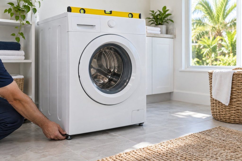 A spirit level laid across the top of a front-load washing machine and a hand adjusting one of its leveling feet at floor height.