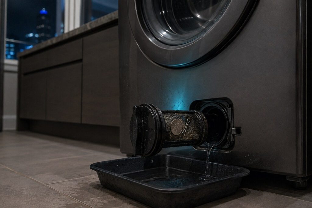 A drain pump filter unscrewed out of the bottom front of a washer over a shallow tray, a coin caught in it