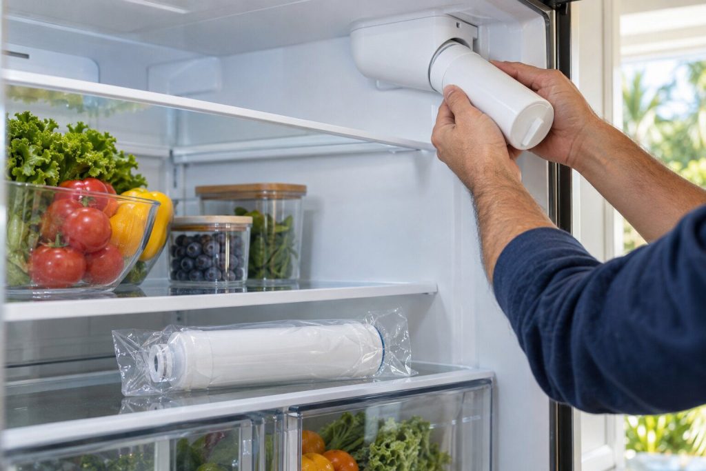 A cylindrical water filter cartridge being turned into its housing in the upper right of an open refrigerator compartment, a new cartridge still in its wrapper on the shelf below.